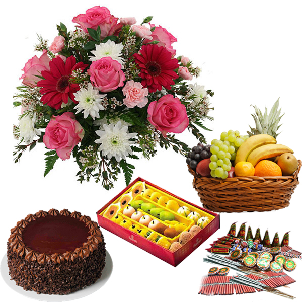 Diwali Sweet Gift of Chocochip Cake and Cracker with Fresh Fruits and Flowers