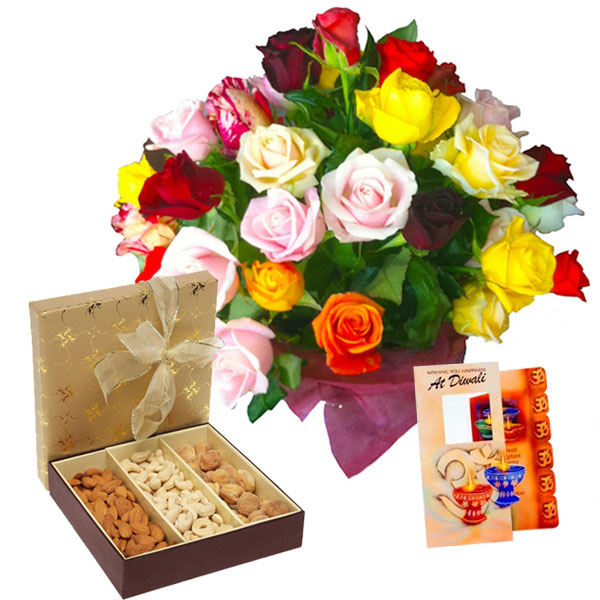 Diwali Card and Mix Roses with Dry fruits