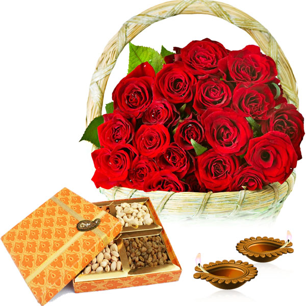 Diwali Diya with Basket of Roses and Dryfruits