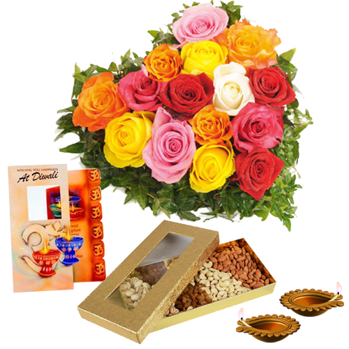 Diwali Diya and Card With Dryfruits and Heart Shape Roses Arrangement