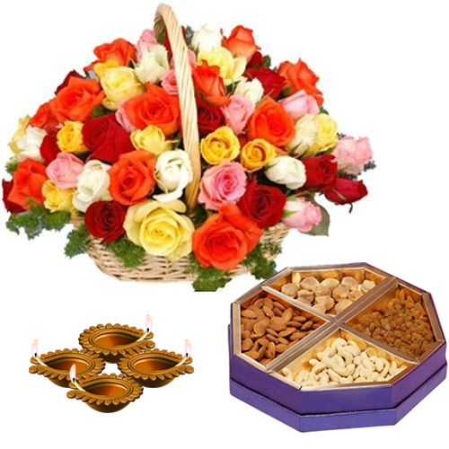Diwali Diyas with Dryfruits and Basket of Roses