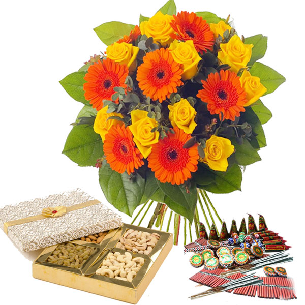 Fresh flowers and Fire Cracker with Dryfruits Diwali Combo