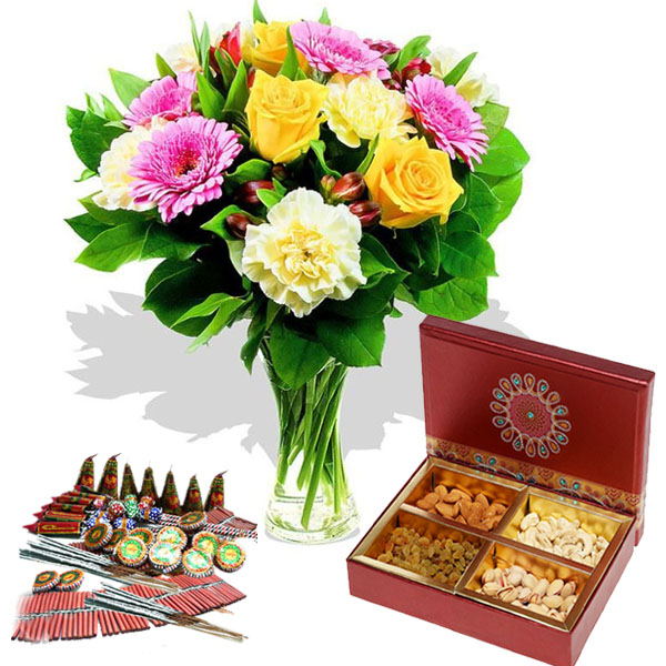 Diwali Hamper of Fire Cracker with Dryfruits and Fresh Flowers