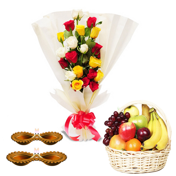 Flowers Bouquet with Fruits and Diwali Diya's