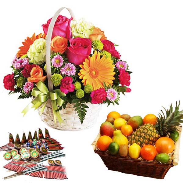 Diwali Dhamaka Cracker with Flowers and Fruits