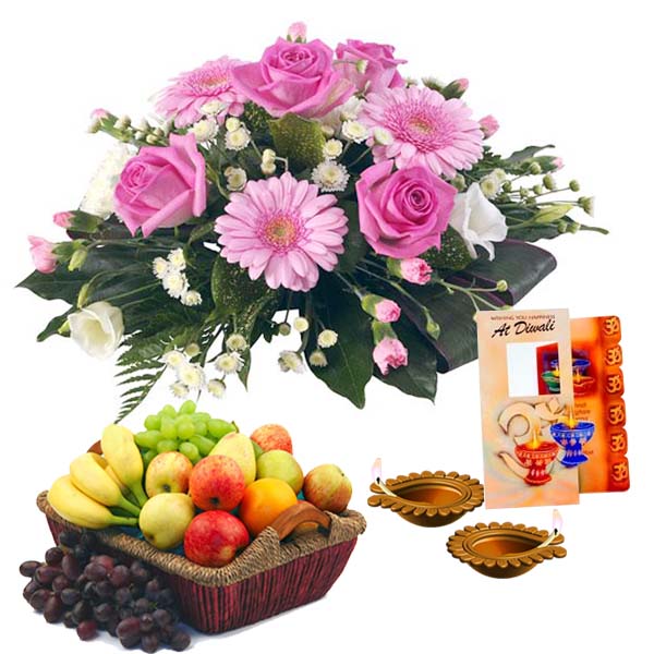 Roses Bouquet with Fruits and Diwali Diya