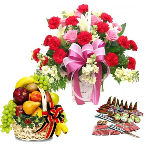 Diwali Crackers with Fresh Flowers and Fruits