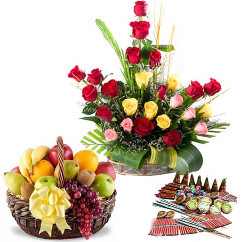 Fresh Roses with Fruits Diwali Crackers Combo