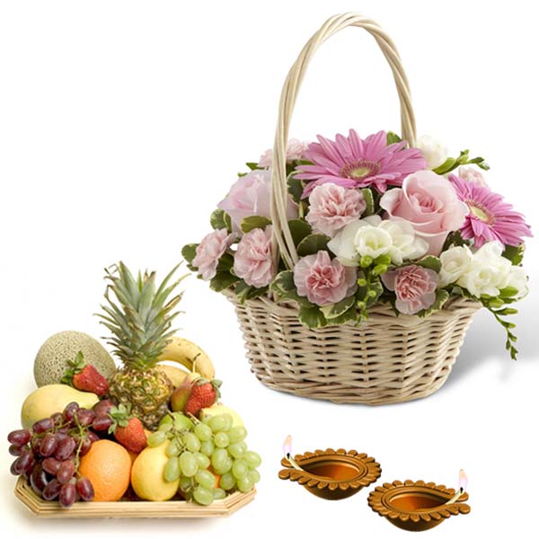 Fruits and Floral Basket with Diwali Diya