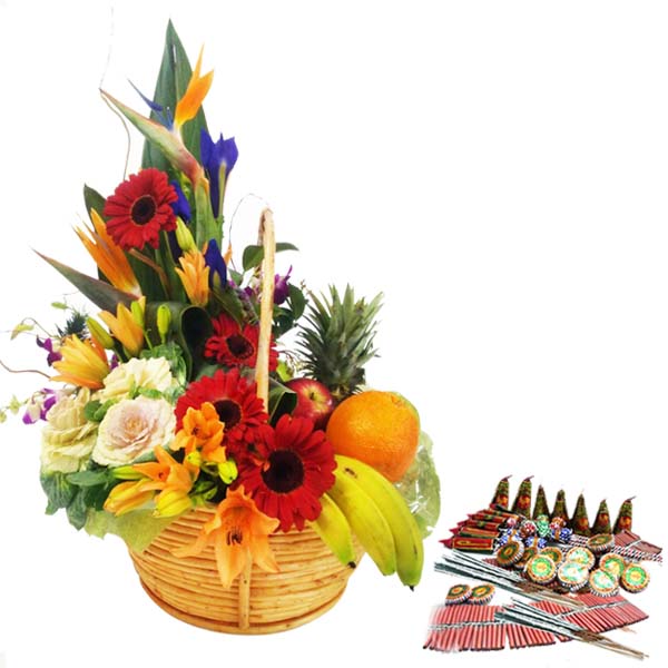 Basket of Fruits and Flowers with Diwali Cracker