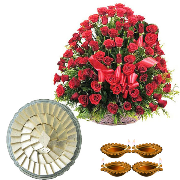 Diwali Gift of 100 Red Roses with Kaju Katli and Diwali Diya