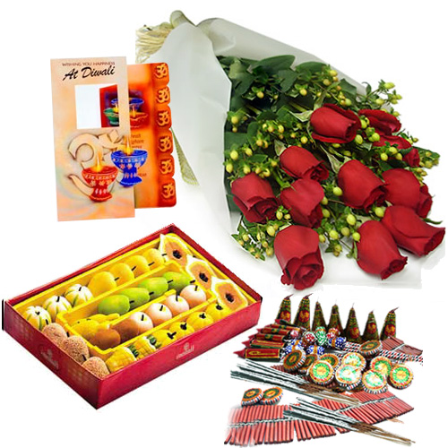 Diwali Combo of Roses and Sweet with Fire crackers and Card