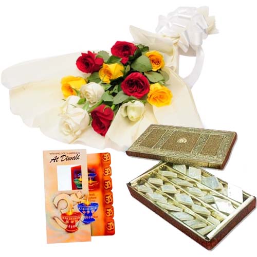 Diwali Hamper of Roses with Kaju Katli Sweet