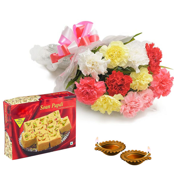 Combo of Diwali Diya with Carnations and Box of Soan Papdi