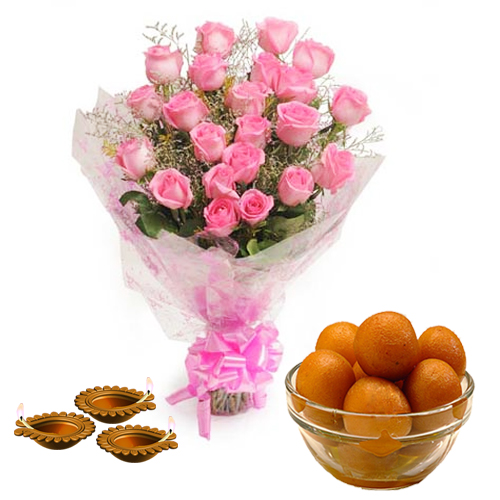 Gulab Jamun and Diyas with Pink Roses Diwali Combo