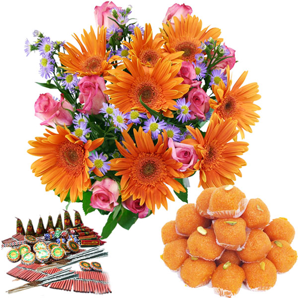 Diwali Special Mootichoor Ladoo with Flowers and Firecrackers