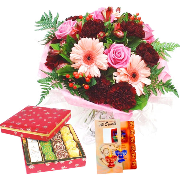 Diwali Card with Flowers Bunch with Mix Mithai