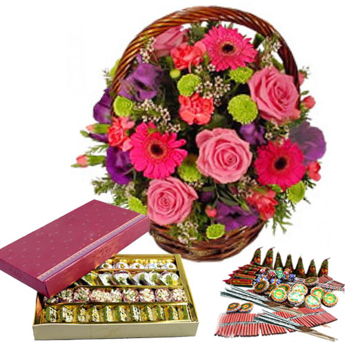 Combo of Diwali Fire crackers with Assorted Sweets and Basket of Beautiful Flowers