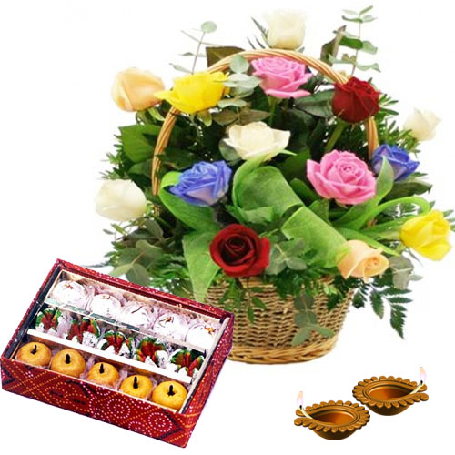 Diwali Special Gift of Diyas with Assorted Sweet and Basket of Roses