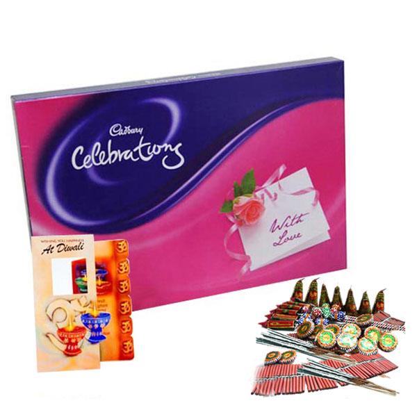 Diwali Gift of Diwali Card and Cadbury Celebration Chocolate with Fire crackers