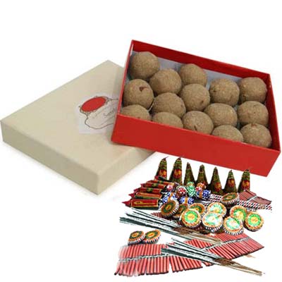 Box of Besan Ladoo and Assorted Fire crackers