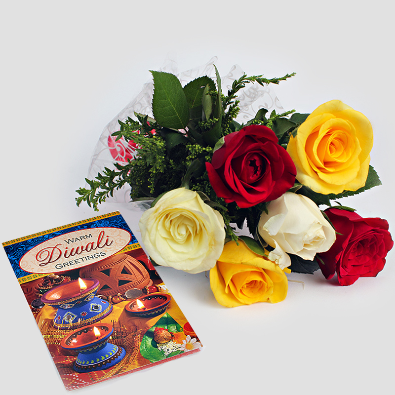 Diwali Wishes Card with Bunch of Mix Roses