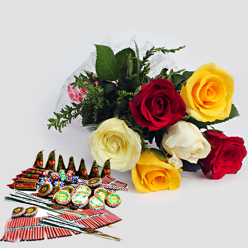 Bouquet of Mix Roses with  Diwali Crackers