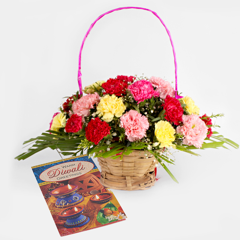 Diwali Card with Basket of Mix Carnations Bouquet