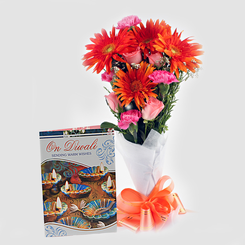 Bouquet of Fresh Flowers with Diwali Card