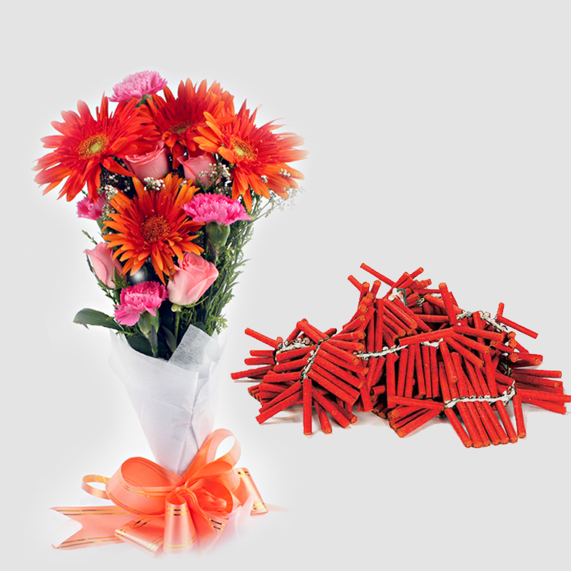 Diwali Gift of Mix Flowers Bunch and Red Crackers