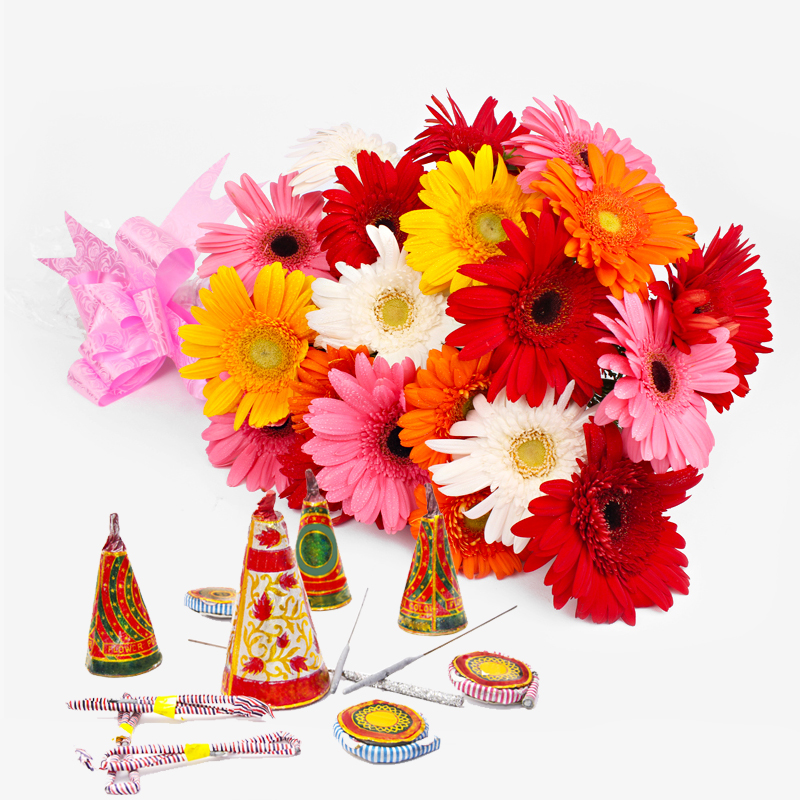 Bouquet of 20 Colorful Gerberas with Diwali Mix Fire crackers