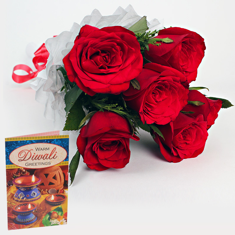 6 Red Roses Bouquet with Diwali Wishes Card