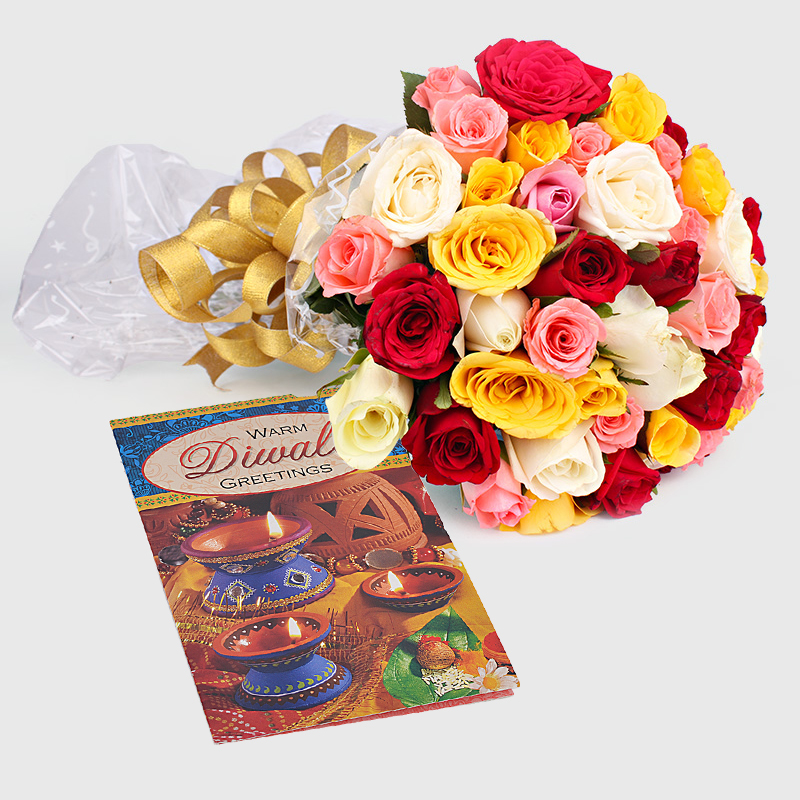 Diwali Gift of 50 Mix Roses with Card