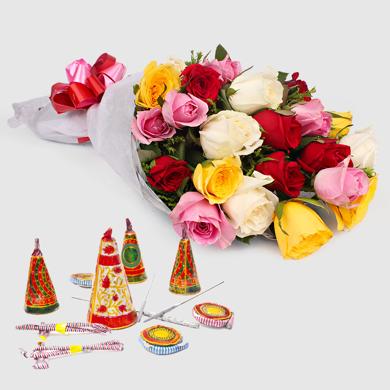 Diwali Hamper of Colorful Roses with Mix Fire crackers