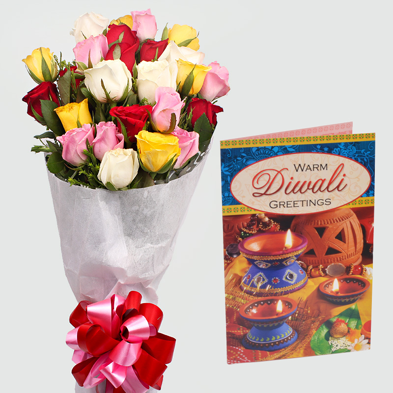 Diwali Card with Bouquet of 20 Colorful Roses