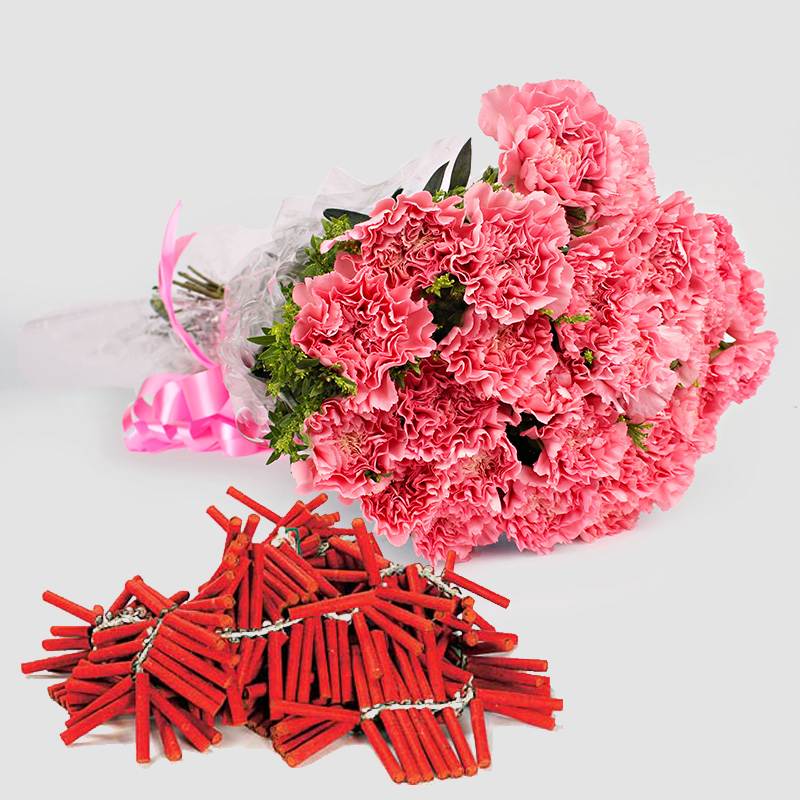 Diwali Gift of Pink Carnations with Red Firecrackers