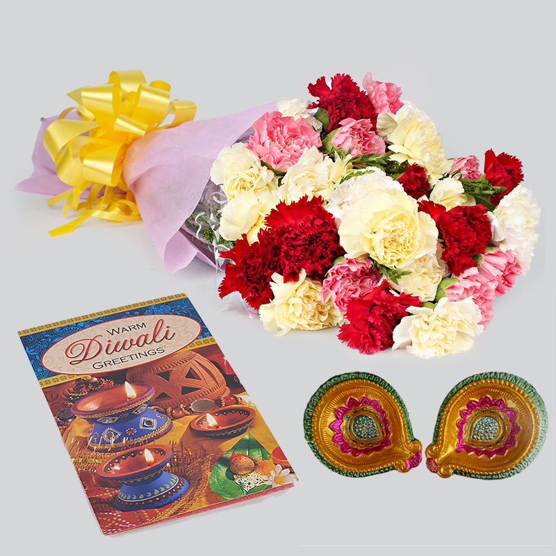 Bunch of Carnations with Diwali Card and Diya