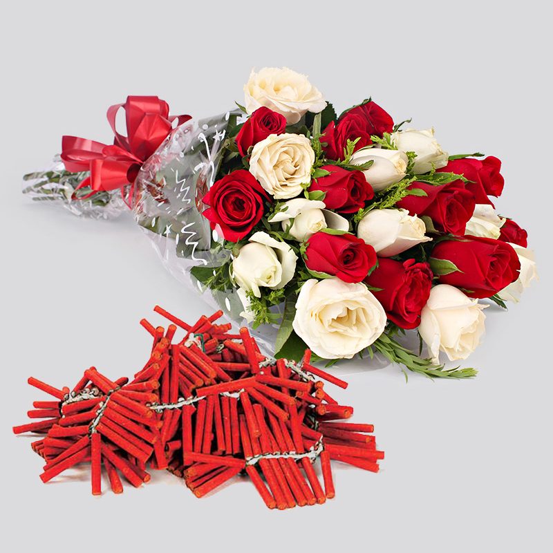 Red and White Roses with Diwali Crackers