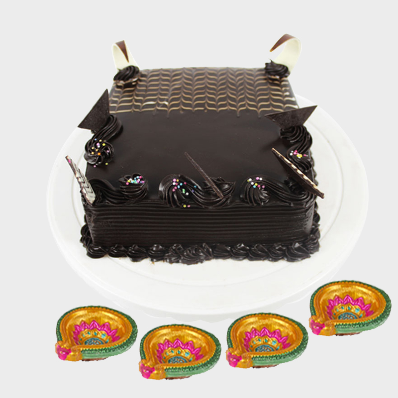 Chocolate Square Shape Cake with Diwali Diyas