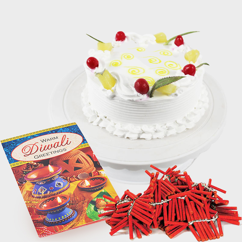 Diwali Card with Pineapple Cake and Fire Crackers