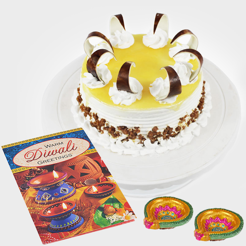 Butterscotch Cake with 2 Earthen Diyas and Diwali Card