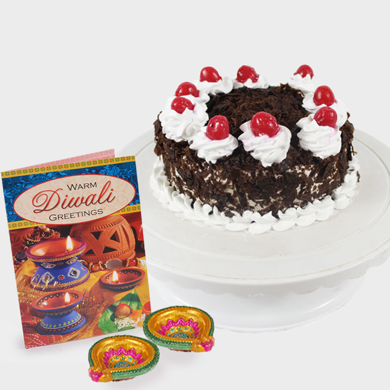 Black Forest Cake with Diyas and Diwali Card