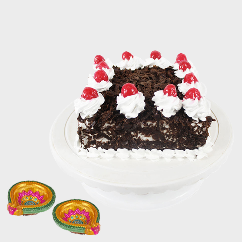 Black Forest Cake with 2 Diwali Diyas