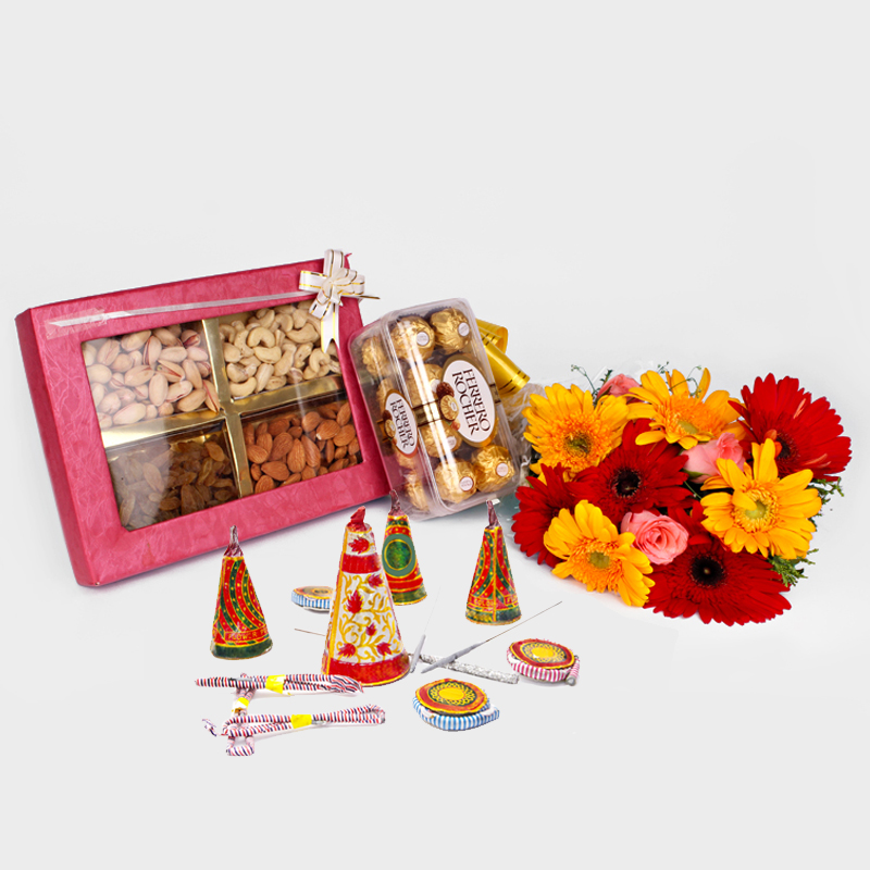 Diwali Combo of Flowers Bouquet with Crackers Dryfruits and Rocher Chocolates