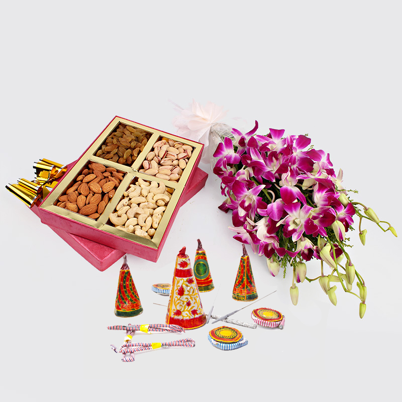 Orchids with Crackers and Dryfruits Diwali Combo