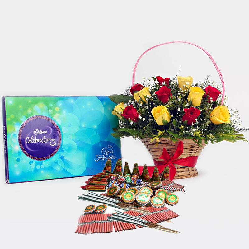 Diwali Fire crackers with Basket of Red and Yellow Roses and Cadbury Celebration Chocolate Pack