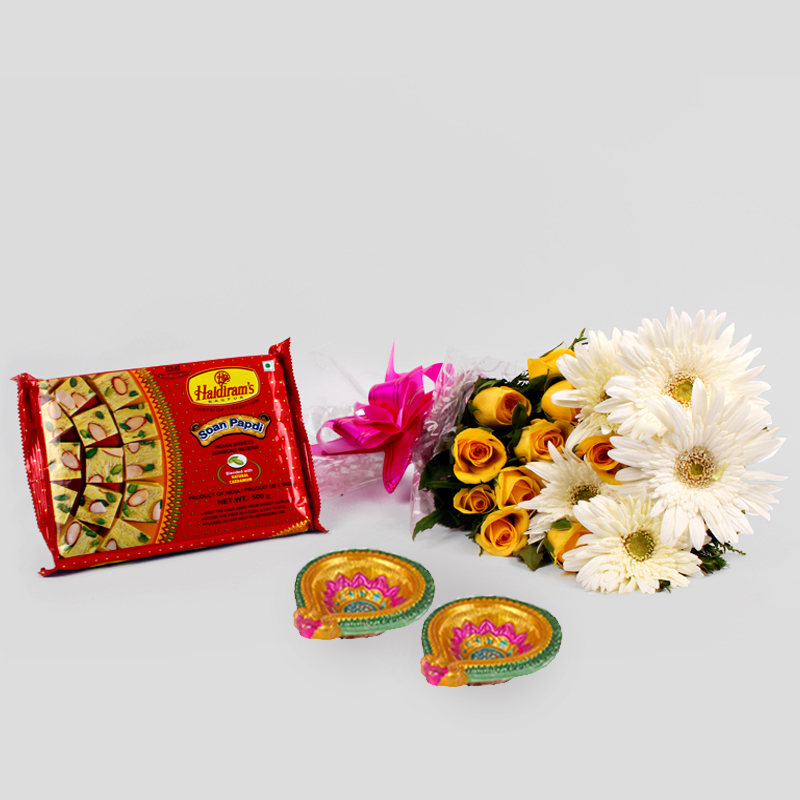 Diwali Special Mix Flower with Soan Papadi and Diyas