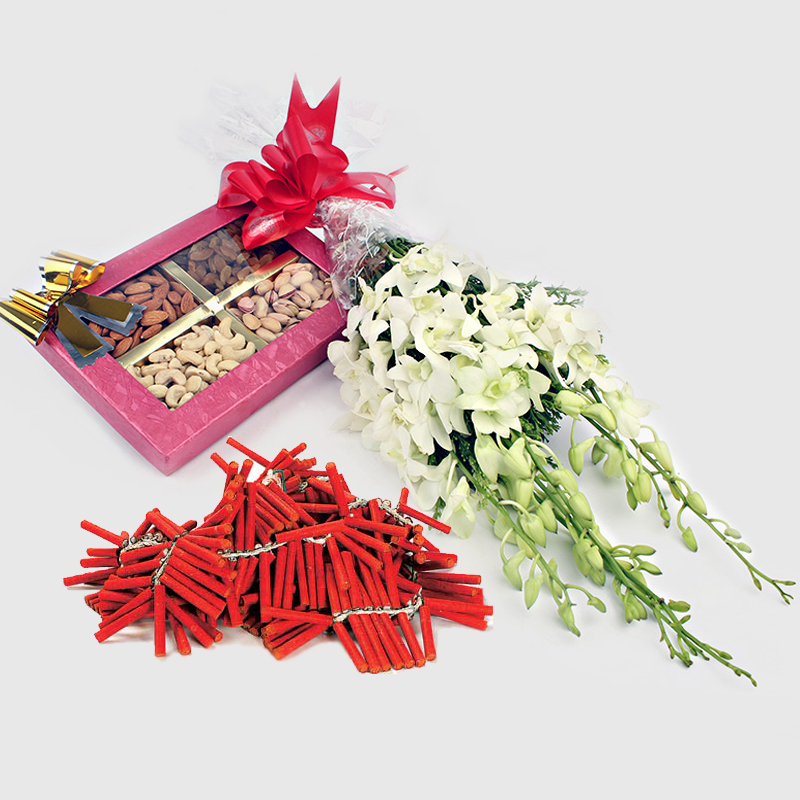 Dry Fruits with Orchid Flowers and Diwali Crackers