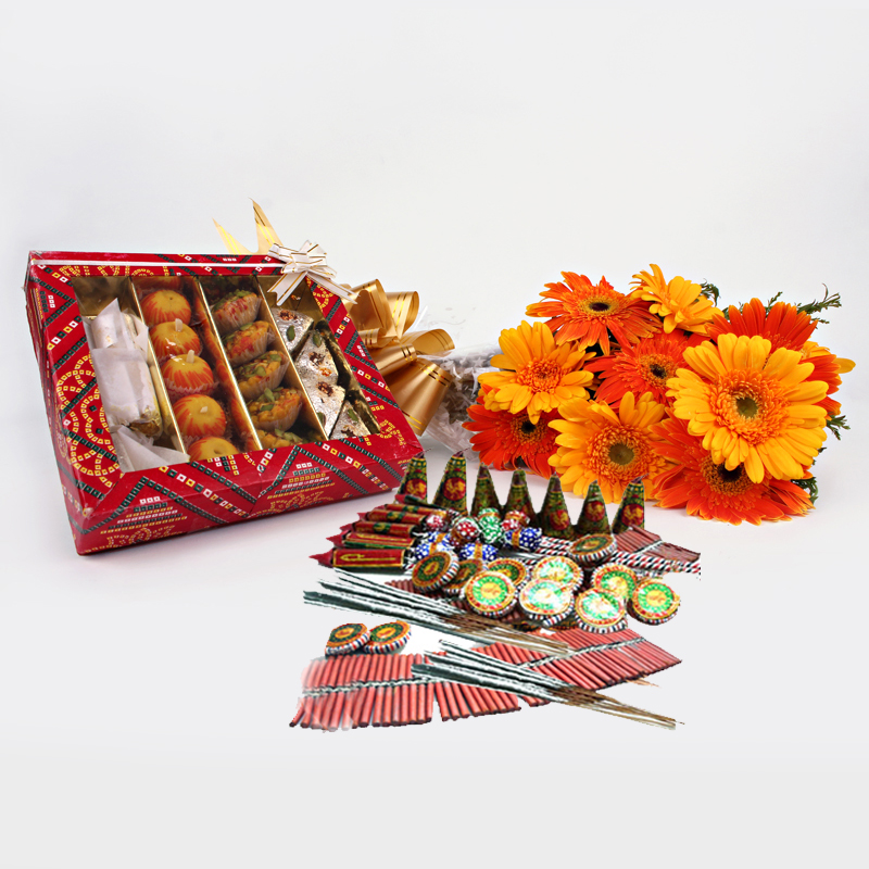 Diwali Gift of Fresh Gerberas with Sweets and Crackers