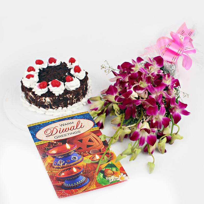 Diwali Card and Black Forest Cake with Orchid Bouquet